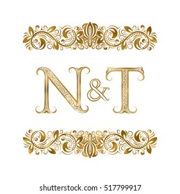 N and T vintage initials logo symbol. The letters are surrounded by ornamental elements. Wedding or business partners monogram in royal style.