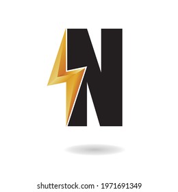 N Thunder Bolt Logo Design Concept in Black and Yellow. Flash Logo.