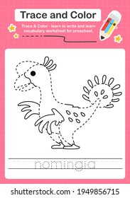 N Tracing word for dinosaurs and coloring trace worksheet for kids to practice writing skills with the word  Nomingia