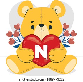 N, Valentine's day, cute bear, and alphabet.