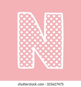 N vector alphabet letter with white polka dots on pink background