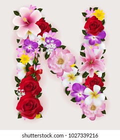 N, vector font with realistic of beautiful tropical flowers on background color.