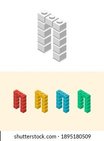 N vector letter with colourful plastic toy brick, isolated isometric 3d childish block font. Perfect for kids labels, birthday and kindergarten posters, school style, children magazines etc.