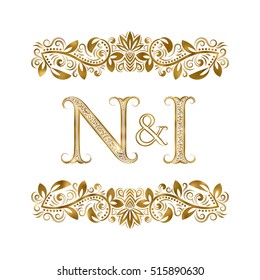 N and I vintage initials logo symbol. The letters are surrounded by ornamental elements. Wedding or business partners monogram in royal style.
