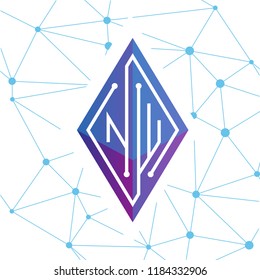 N W Initial letter block chain logo icon vector template. Looping mono line circuit letter on rhombus cube logo