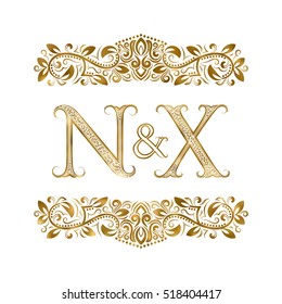 N and X vintage initials logo symbol. The letters are surrounded by ornamental elements. Wedding or business partners monogram in royal style.