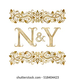 N and Y vintage initials logo symbol. The letters are surrounded by ornamental elements. Wedding or business partners monogram in royal style.