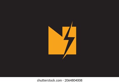 N yellow black alphabet letter logo icon. Electric lightning design for power or energy company