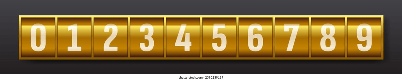 n079.2311 Golden mechanical scoreboard. Realistic mechanical counter. Numbers counter. Money coins winner casino success concept. Counter display with numbers, golden numerical dashboard illustration.