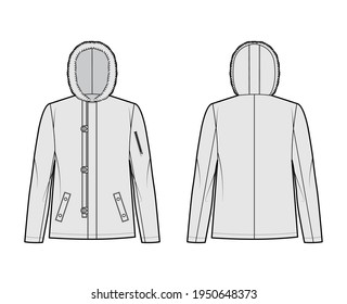 N-2B flight jacket technical fashion illustration with oversized, fur hood, long sleeves, pockets, button loop opening. Flat coat template front, back grey color style. Women men unisex top CAD mockup