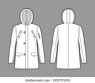 N-3B flight parka technical fashion illustration with oversized, fur hood, long sleeves, flap pockets, button loop opening. Flat coat template front, back white color style. Women men top CAD mockup
