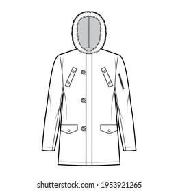 N-3B flight parka technical fashion illustration with oversized, fur hood, long sleeves, flap pockets, button loop opening. Flat coat template front white color style. Women men unisex top CAD mockup