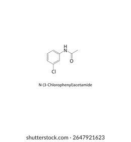 Estrutura esquelética de N-(3-clorofenil)acetamida Ilustração esquemática do composto de acetanilida halogenado. Diagrama simples, fórmula química.