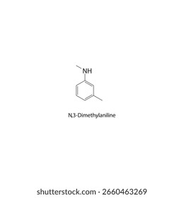 N,3-Dimetilanilina estrutura esquelética. Ilustração esquemática do composto de anilina. Diagrama simples, fórmula química.