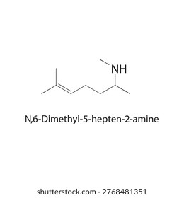 N,6-Dimethyl-5-hepten-2 amine skeletal structure. amine compound schematic illustration. Simple diagram, chemical formula.