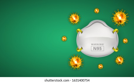 n95 face mask protection safety for Coronaviruses 3d realistic vector in green background with blank copy space. corona virus cell, wuhan virus disease. Perfect for banner, flyer. Vector illustration