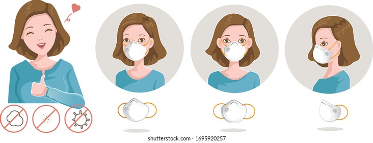 N95 Mask. Woman Pretending Hands Pointing Gesture. Covered A Variety Of Face Masks, Side, Front, Oblique. Wear Protective Mask Against Infectious Diseases And Flu. Stop The Infection. 