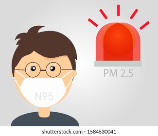 N95 Pollution Masks. Man wears mask for protect dust in air and red siren for warning about PM 2.5 .That 95% of fine particles are blocked by this mask.