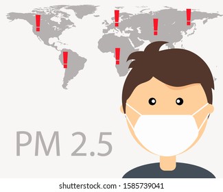 N95 Pollution Masks. Man wears mask for protect dust in air and world map background for warning about PM 2.5 .That 95% of fine particles are blocked by this mask.