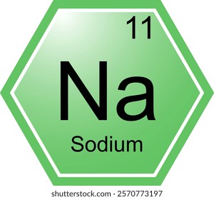 The Na icon is sodium. A chemical element of the periodic table. Na is an alkali metal. Science, chemistry. Vector hexagonal image.