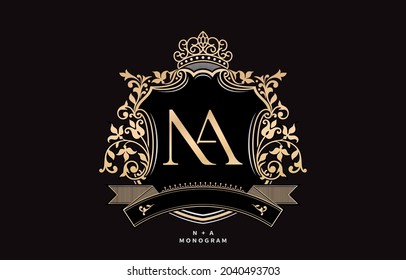 NA initial letter with crown and ornament pattern illustration, graphic name Frames and Border of floral designs, applicable for NA Monogram, for insignia, wedding couple name, badge label premium.