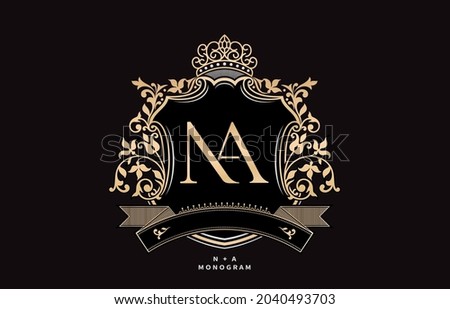 NA initial letter with crown and ornament pattern illustration, graphic name Frames and Border of floral designs, applicable for NA Monogram, for insignia, wedding couple name, badge label premium.