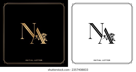 NA initial letter with gold and black white colors vintage floral ornament. classic floral monogram. elegant wedding for wedding invitation, restaurant, wedding card, restaurant menu, business cards