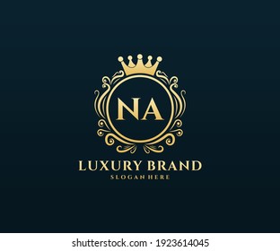 NA Initial Letter Gold calligraphic feminine floral hand drawn heraldic monogram antique vintage style luxury logo design.