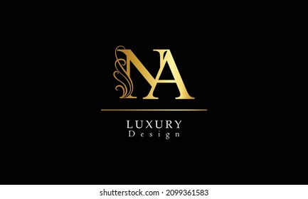 NA Initial Letter Gold calligraphic feminine floral hand drawn heraldic monogram antique vintage style luxury logo design.