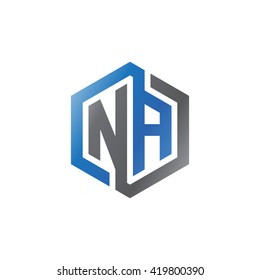 NA initial letters looping linked hexagon logo black gray blue