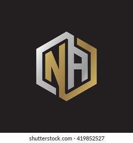 NA initial letters looping linked hexagon elegant logo golden silver black background