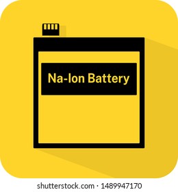 Na ion battery. Future concept. Lithium replace power source. Chemical cell. Research. Flat 3D shadow design. yellow background black vector. product brand service label banner board display. App icon