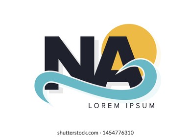 NA letter logo with ocean waves and sunset. Beach concept design
