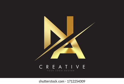 NA N A Golden Letter Logo Design with a Creative Cut. Creative logo design with Black Background.