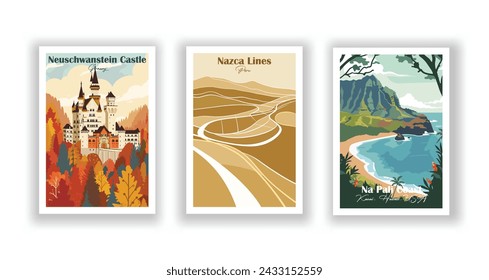 Na Pali Coast, Kauai, Hawái, Estados Unidos. Líneas de Nazca, Perú. Castillo de Neuschwanstein, Alemania - Set de 3 Carteles de Viajes Vintage. Ilustración vectorial. Impresiones de alta calidad