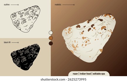 Naan Indian food vector illustration in realistic, outline, and black fill icon styles. Traditional flatbread design for culinary, restaurant, and food-related graphic projects.