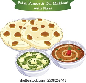 Naan with Palak Paneer and Dal Makhani. Classic Punjabi Lunch and Dinner 