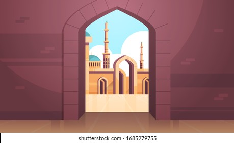 nabawi mosque building architecture exterior view through an arch religion concept muslim cityscape horizontal flat vector illustration