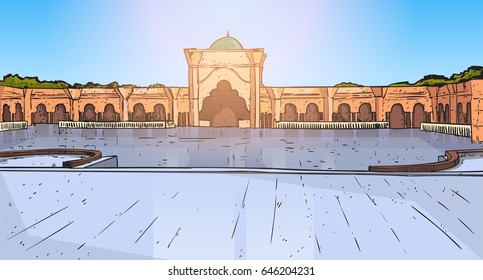 Nabawi Mosque Building Muslim Religion Ramadan Kareem Holy Month Vector Illustration