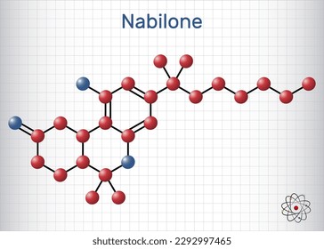Molécula Nabilone. Es cannabinoide sintético, utilizado como fármaco antiemético. Fórmula química estructural y modelo molécula. Hoja de papel en una jaula. Ilustración del vector