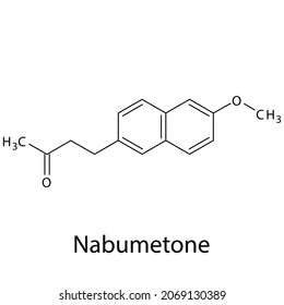 Nabumetone molecular structure, flat skeletal chemical formula. NSAID drug used to treat osteoarthritis, rheumatoid arthritis. Vector Illustration.