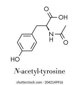 N-acetyl-tyrosine (NALT) molecule. Acetylated form of the amino acid tyrosine. Skeletal formula.