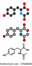 N-acetyl-tyrosine (NALT) molecule. Acetylated form of the amino acid tyrosine. Stylized 2D renderings and conventional skeletal formula.