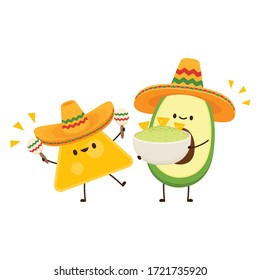 Nacho and Avocado character. Nacho dip in bowl. Nacho vector. Avocado dip. Mexican hat vector.