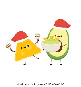 Nacho and Avocado character. Nacho dip in bowl. Nacho vector. Avocado dip. Santa hat vector.
