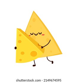 Nacho Character Design. Nacho And Cheese Cartoon Vector. White Background. Cheese Stretch.