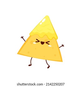 Nacho character design. Nacho and cheese dip vector. white background. wallpaper. free space for text. copy space. cheese stretch.