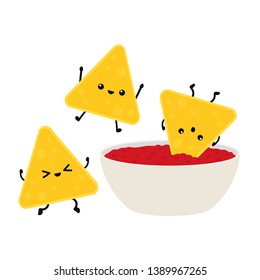 Nacho character design. Nachos on white background. sauce cup vector.