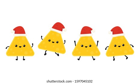 Nacho character design. Nachos on white background. Santa hat vector.