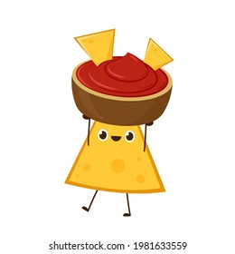 Nacho character design. Nachos on white background. sauce cup vector.